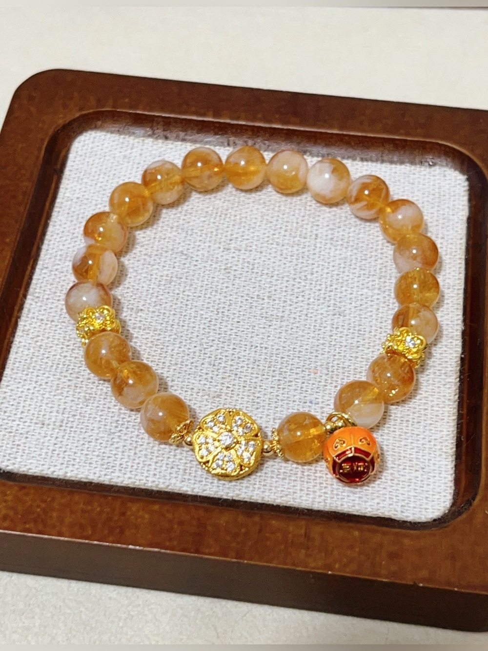 Handmade Yellow Citrine Bracelet with 24K Gold-Plated Flower Lucky Charm 8.5mm